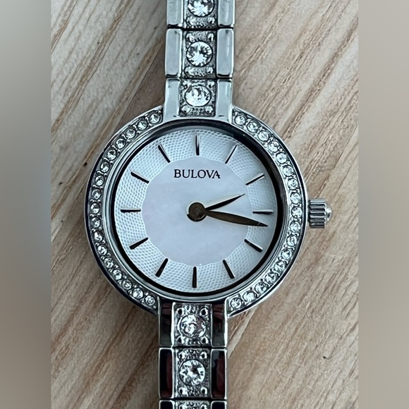 Bulova Ladies Watch Crystal Embellishments Stainless Bracelet Pearl White Dial